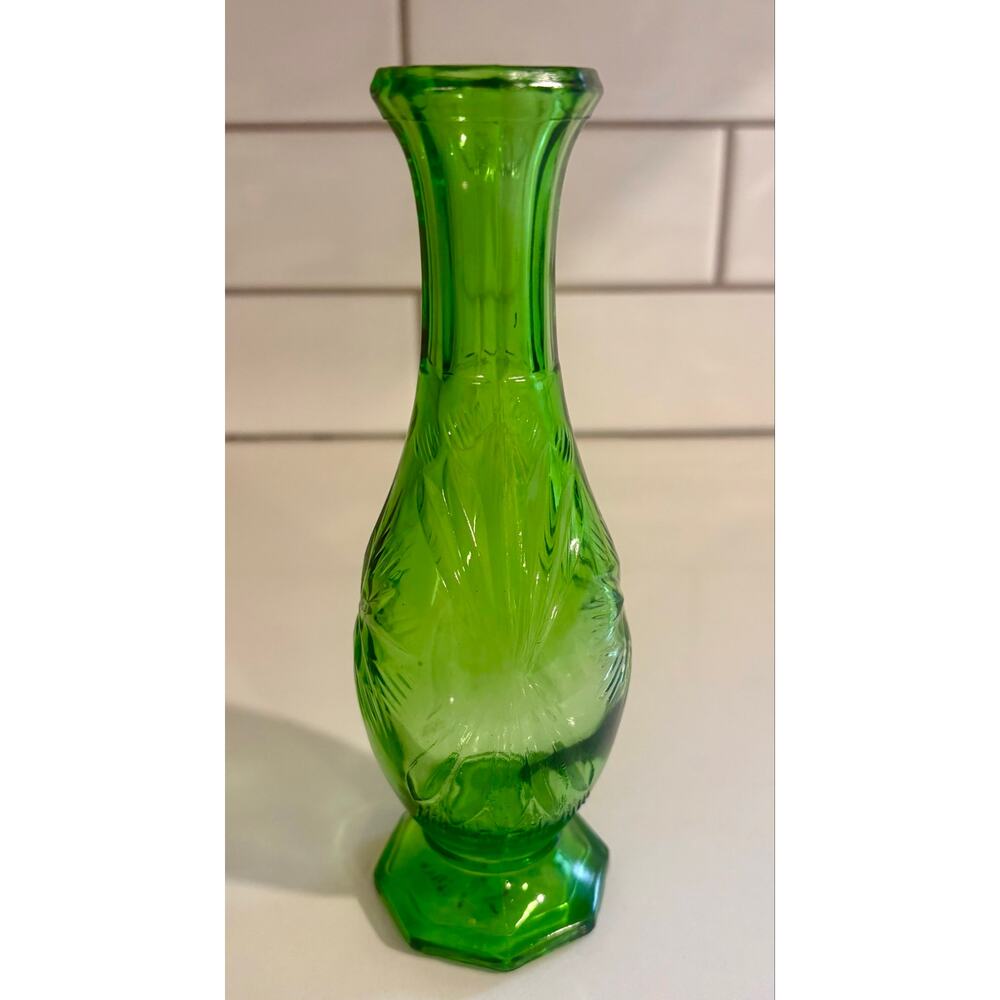 Vintage Green Depression Glass Vase with Starburst Embossing Mini Bud Vase